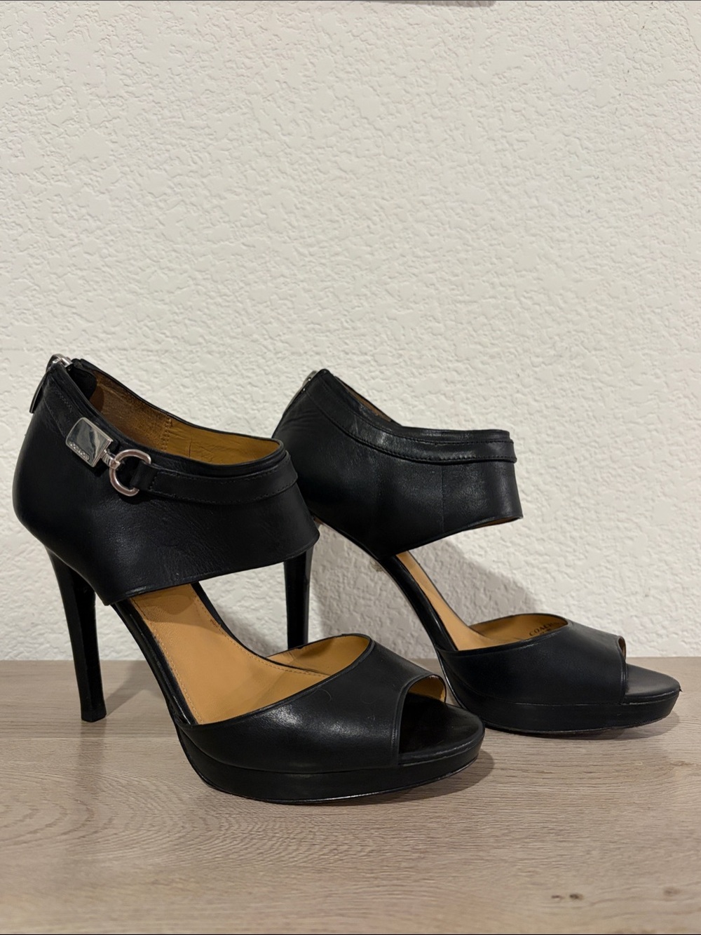 Coach Black Leather Peep-Toe High Heel Sandals Shoes with Ankle Strap